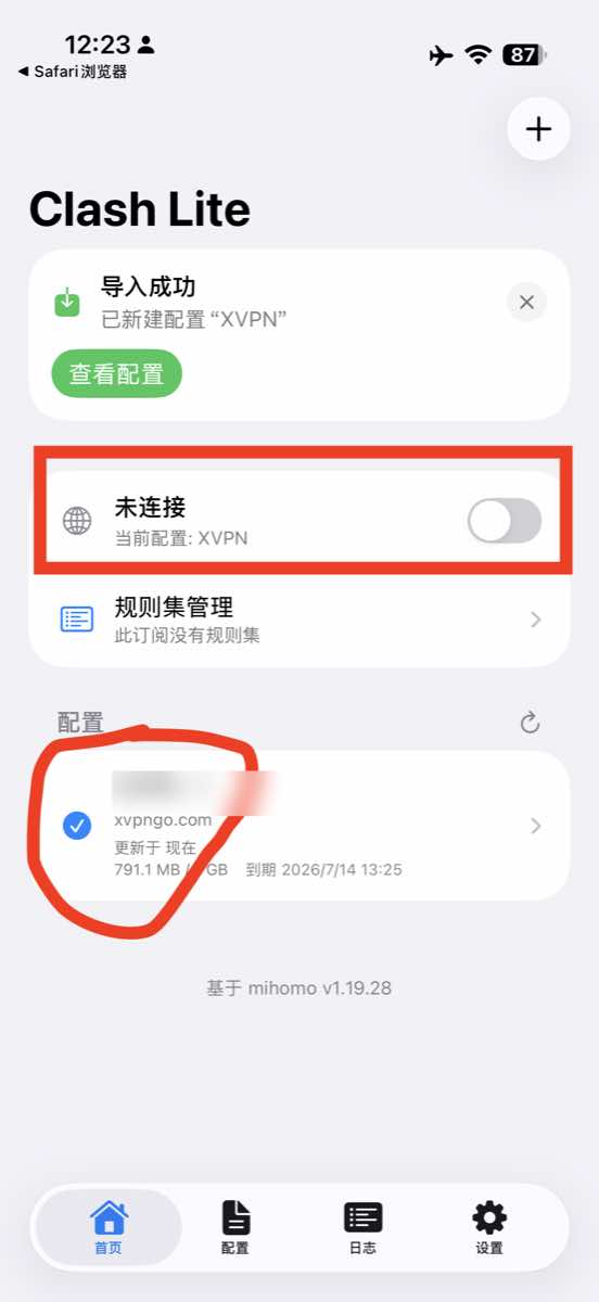 Clash Lite 已导入 XVPN 配置并准备连接