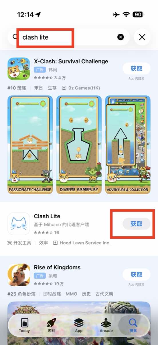 App Store 搜索 Clash Lite 并点击获取